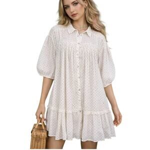 Zara Pintuck Babydoll Dress White Mini Dot Pattern Boho Cottage Size M NWT